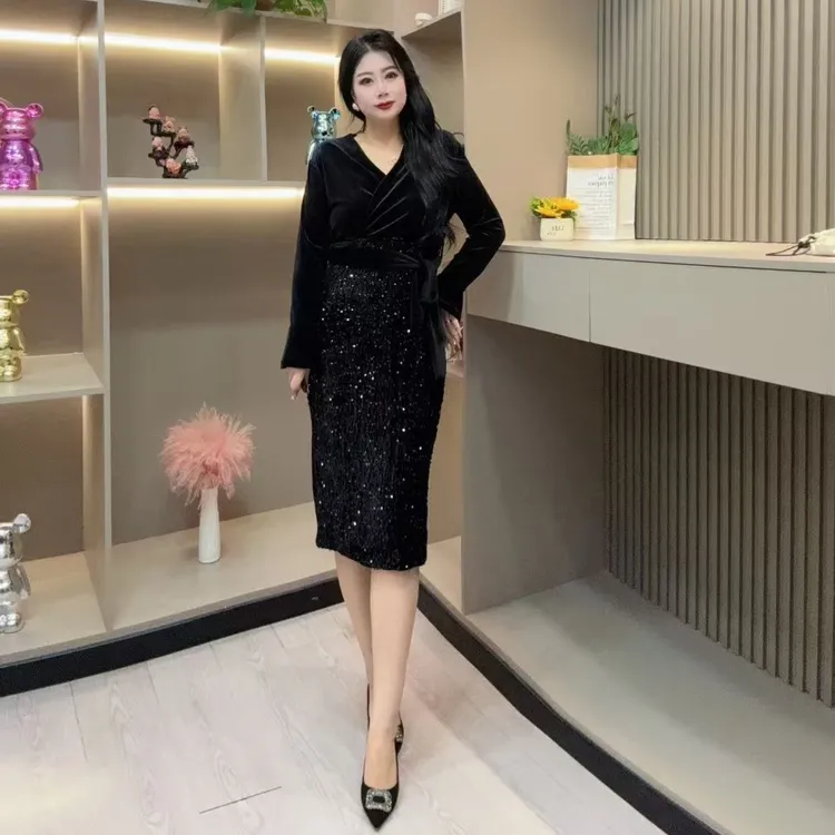 秋季连衣裙-冠 3750时尚潮流亮片拼接显瘦气质款胖MM大码女装新款