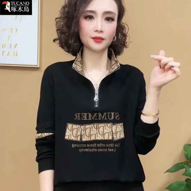 啄木鸟2025年新款显瘦潮流气质卫衣女半拉链翻领拼接春秋长袖上衣