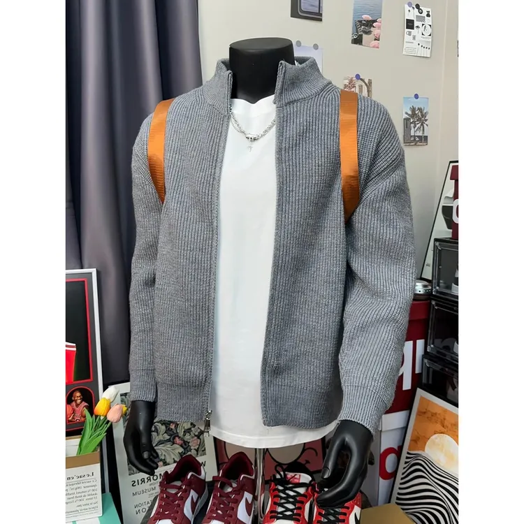 灰色美式开衫毛衣外套男秋季慵懒风高级感针织衫cleanfit立领夹克