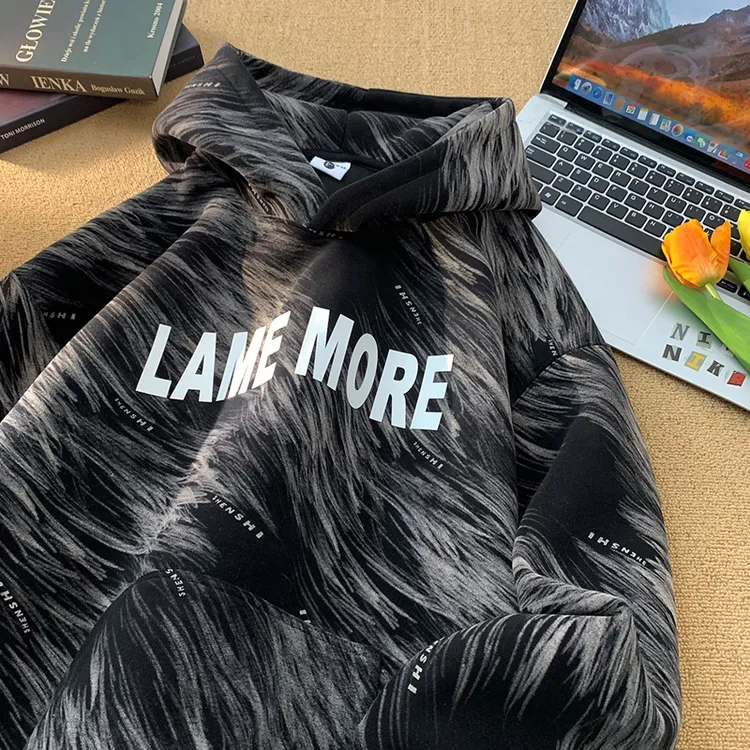 胶印字母扎染连帽卫衣男秋冬季加绒美式高街潮流情侣休闲套头外套