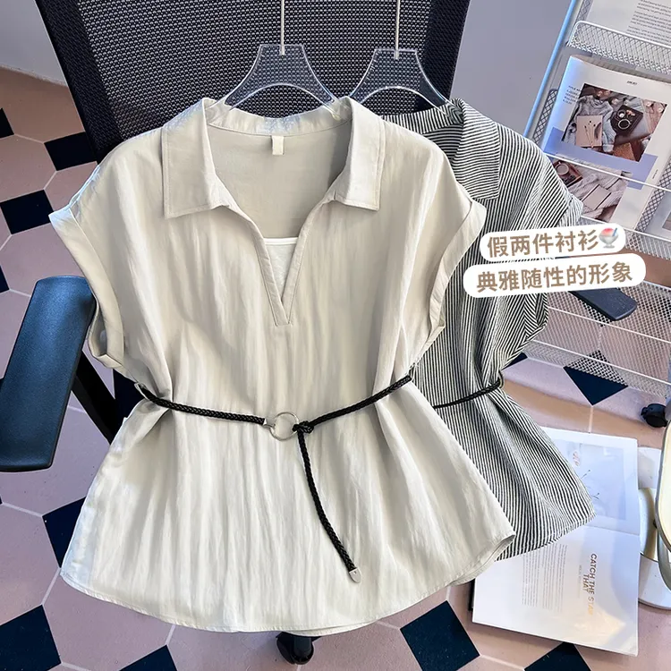 假两件条纹短袖翻领衬衫女2025夏季新款收腰拼接叠穿气质上衣