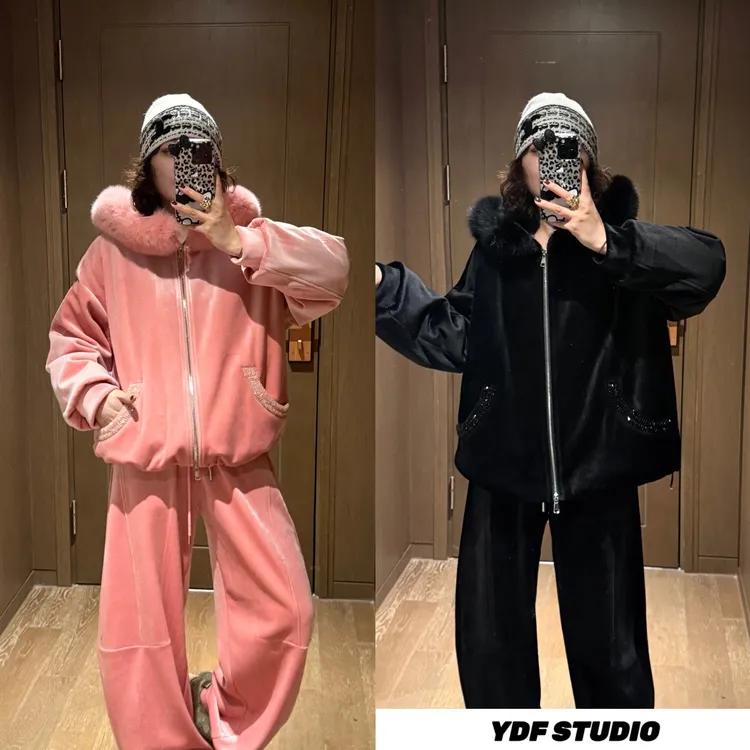 YDFSTUDIO小众【茜茜公主】欧货高品连帽毛毛拼接羽绒上衣+裤子套装