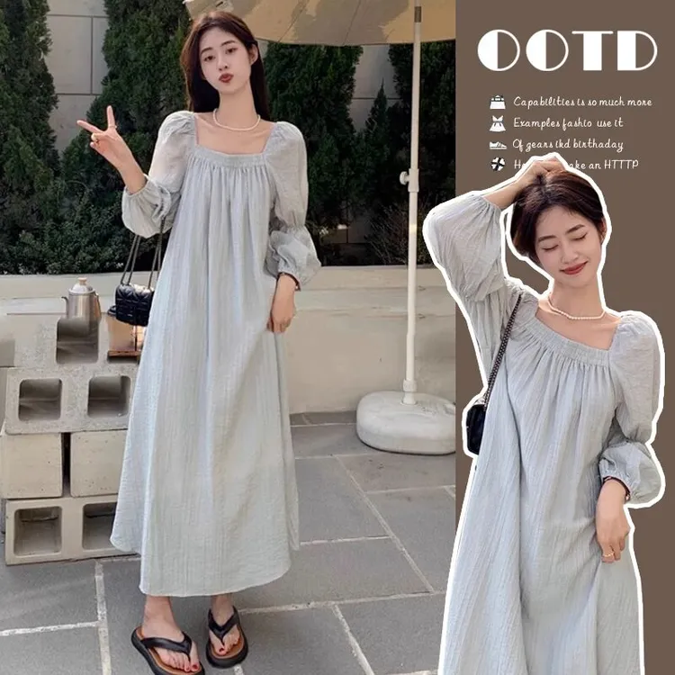 孕妇装2025春秋新款法式方领泡泡袖冰丝宽松显瘦连衣裙春夏连衣裙