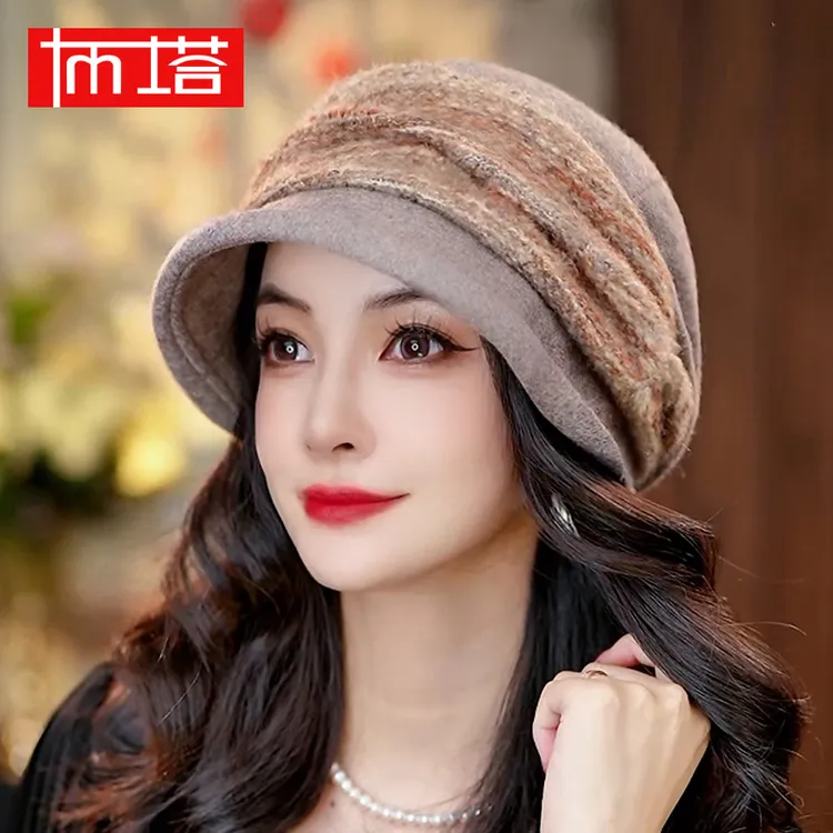 澳洲美丽诺羊毛渔夫帽子女秋冬新款羊毛呢礼帽高级感显脸小帽盆帽