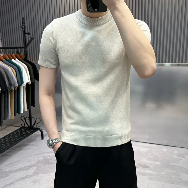 高端男士毛衣圆领春秋新款短袖针织衫男紧身圆领纯色修身打底衫