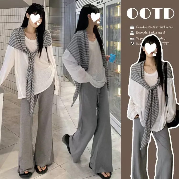 孕妇装秋季新款时尚松弛慵懒条纹披肩长袖上衣垂感微喇裤三件套