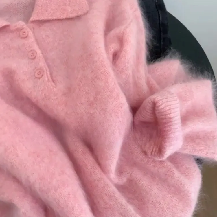 独特漂亮粉色Polo针织衫女装2025秋季减龄时尚洋气软糯慵懒风上衣