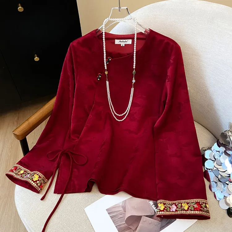 新中式国风红色衬衫女2025新款秋冬高级感唐装汉服上衣本命年小衫