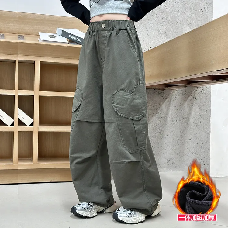 女童工装裤阔腿裤加绒厚裤子潮酷有型2025新款6-12岁中大童休闲裤