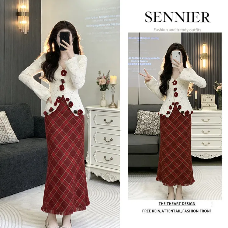 时尚穿搭女2026新款立体花朵v领镂空针织衫气质格纹半身裙两件套