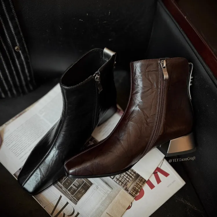 新款切尔西女靴百搭显瘦真皮粗跟2025冬方头加绒短靴单靴1802-50