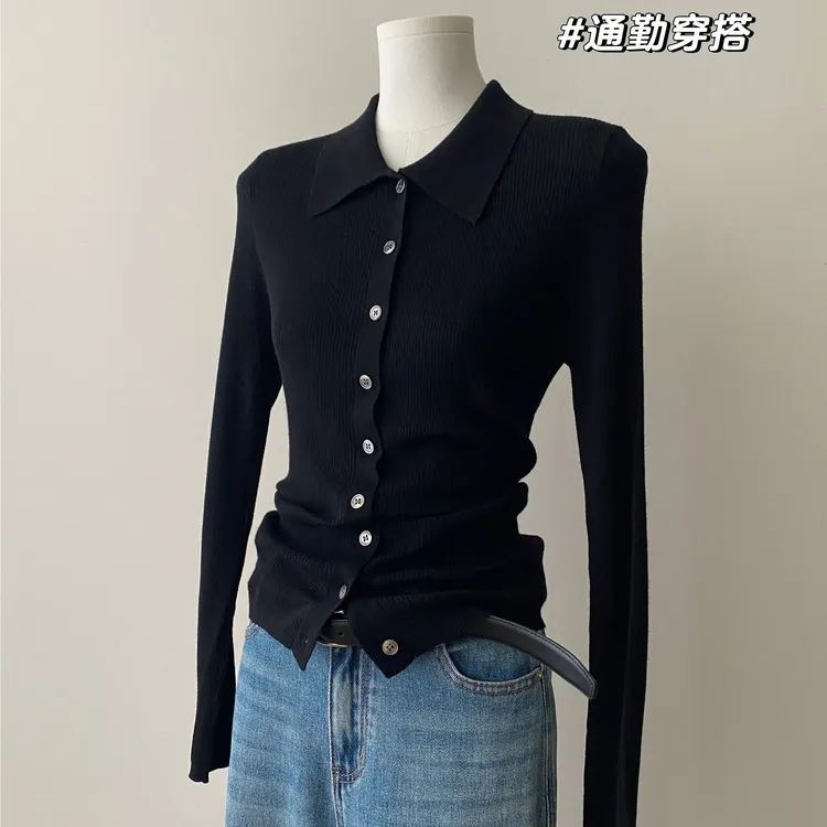 秋装女装独特漂亮小衫polo领通勤毛衣开衫长袖打底针织衫内搭上衣