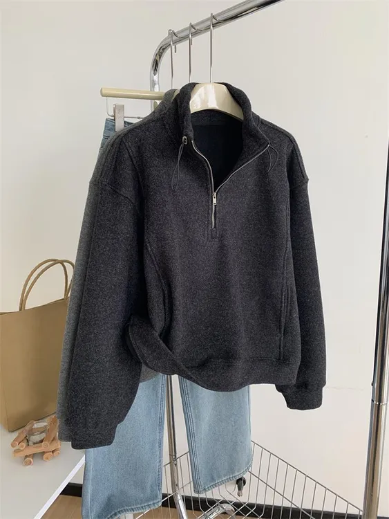 高级灰色立领半拉链卫衣女秋冬加绒加厚2025新款冬季宽松休闲上衣
