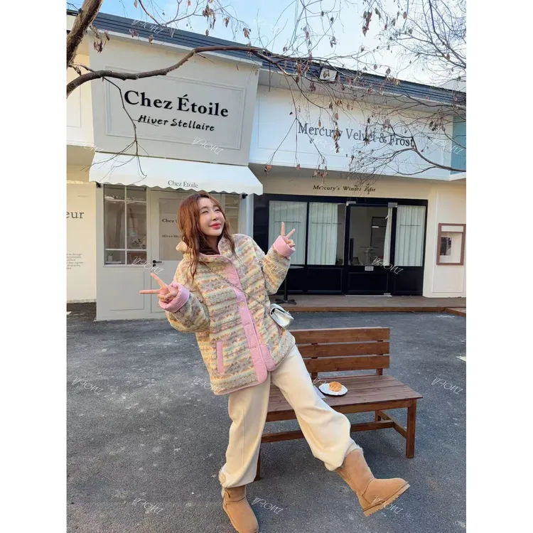 【YFONI】碎花费尔岛连帽少女皮毛一体外套~