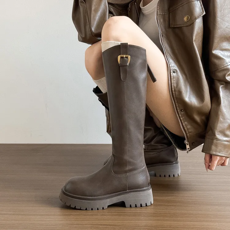 长筒靴女英伦风2025秋冬新款时尚高筒靴子白底厚底加宽骑士靴长靴