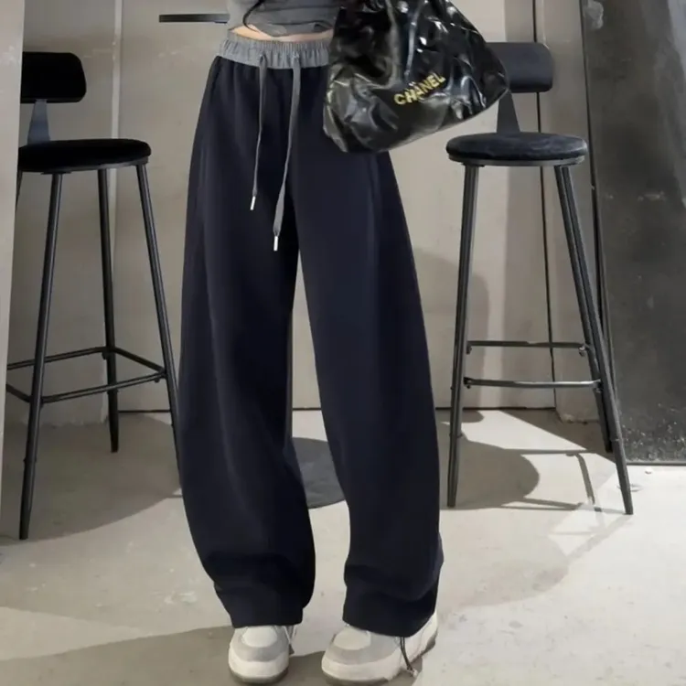 （加长款）刺绣小标拼色高腰显瘦弯刀阔腿休闲长裤秋季新款百搭