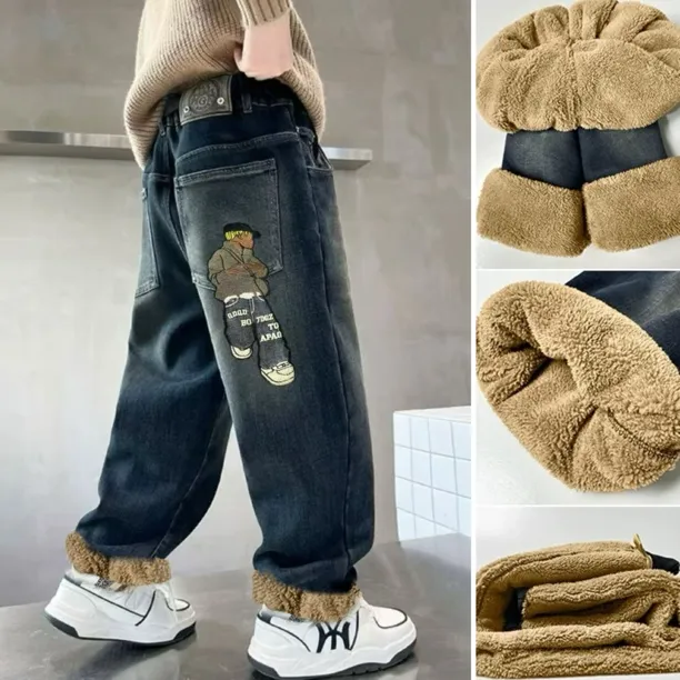 【加厚升级款】冬季羊羔绒加厚保暖中大童男童休闲软牛仔弹力牛仔裤