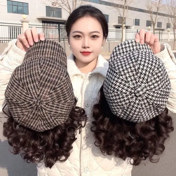 秋冬新款帽子假发妈妈款短卷发千鸟格八角帽慵懒气质全头套假发帽