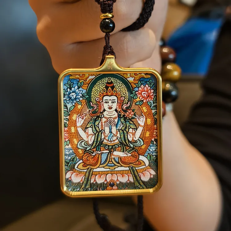 钛钢吊坠 西藏手绘唐卡吊坠四臂观音十二生肖八大守护手绘唐卡