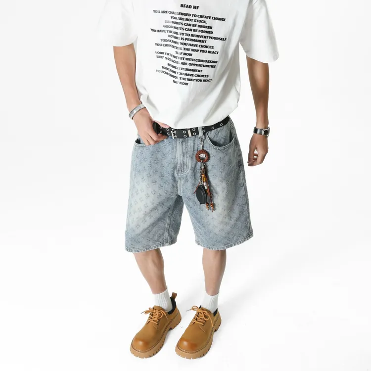轻奢提花牛仔短裤百搭复古港风时髦休闲中裤街头中裤复古水洗vibe