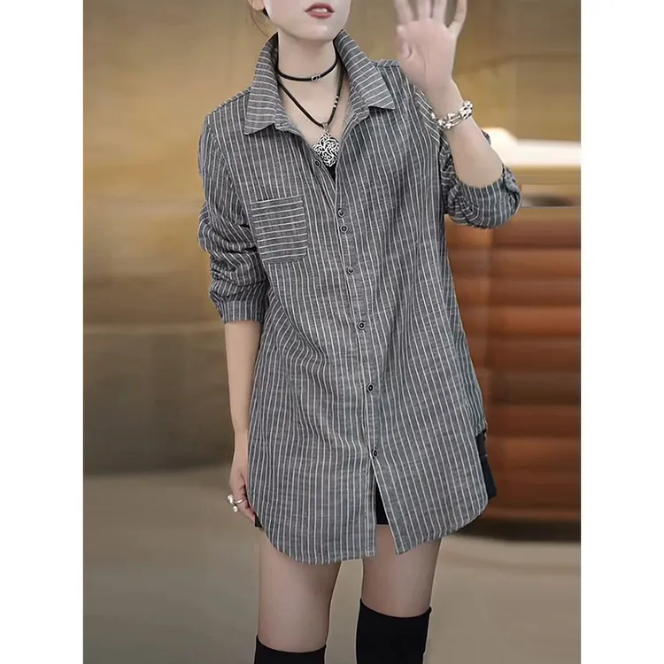 韩版翻领时髦条纹衬衫女2025年春季新款休闲设计感单排扣百搭上衣