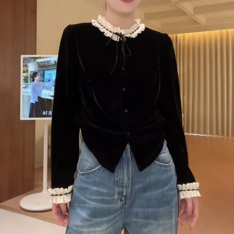 法式小众蕾丝花边领黑色丝绒T恤女秋冬别致设计感时髦洋气打底衫