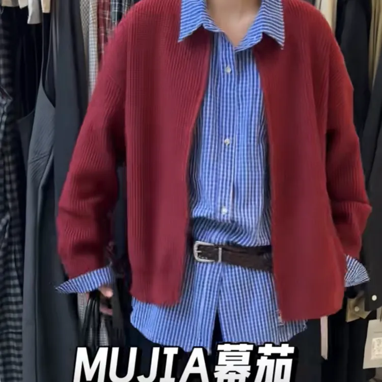 拉链春季开衫针织纯色针织衫气质毛衣红色百搭潮流衬衫衬衣
