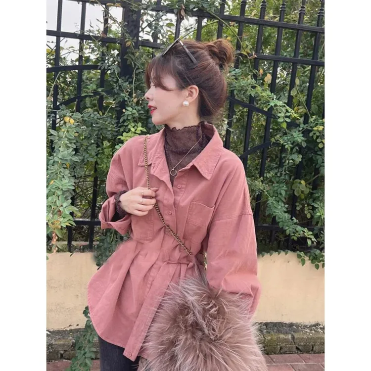 牛仔衬衫女式春秋服装2025新款高端衬衫女式春季优雅系带独特上衣