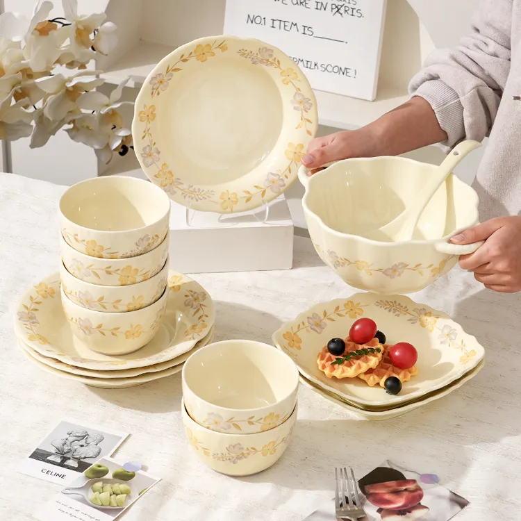 【紫罗兰14件套】奶油风碗盘米饭碗圆盘深盘奶油风套装陶瓷餐具碗勺