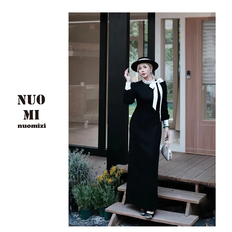 ZOZ糯米子[天鹅剧场]法式优雅千金风撞色珍珠领飘带显瘦连衣裙