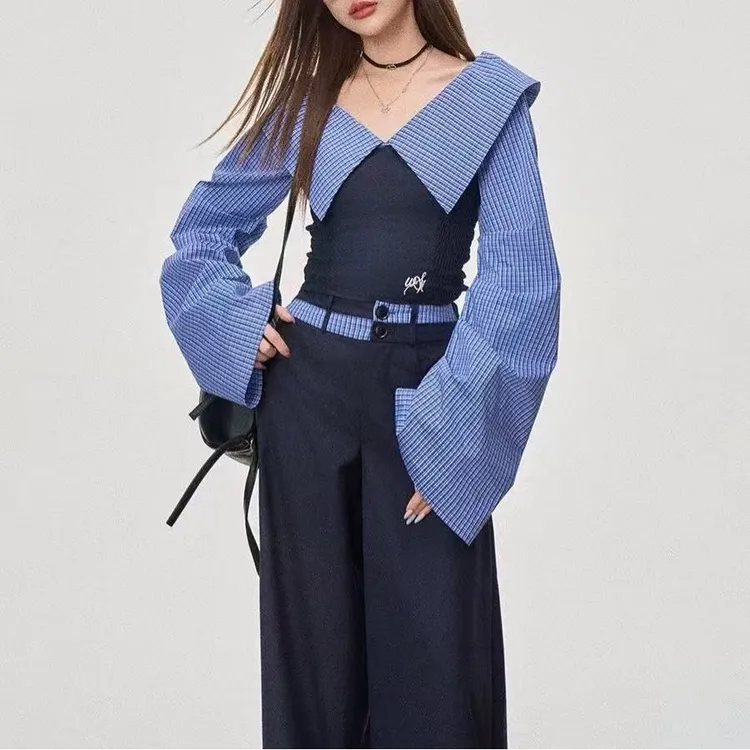 哥弟阿玛施正品WESTAYONE秋季新款一字肩条纹衬衫显瘦修身上衣+学