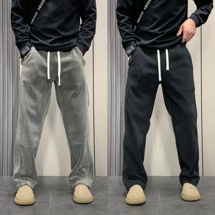 秋冬新款加绒加厚休闲裤男士高品质纯色宽松百搭痞帅拼接直筒裤