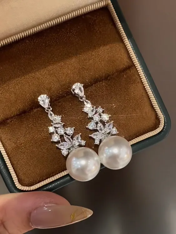 铜合金合成锆石耳饰 仿珍珠吊坠小众复古精致轻奢时尚百搭气质