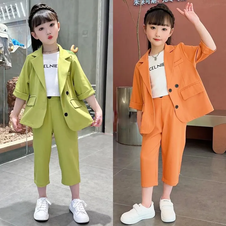 女童夏季糖果色西服三件套2024新薄款休闲时尚百搭中大童洋气套装