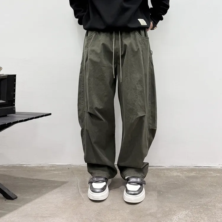 【旺银良衣】秋季宽松ins水洗直筒港风百搭工装弯刀裁剪男士休闲裤