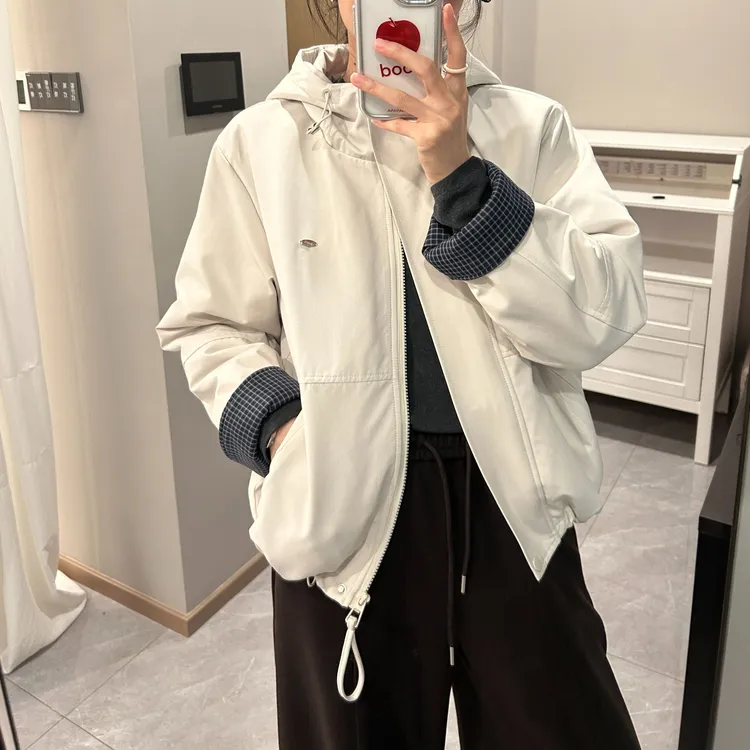 「设计感格子翻袖」内里菱格绗棉加厚连帽棉服冬季宽松百搭棉衣H639