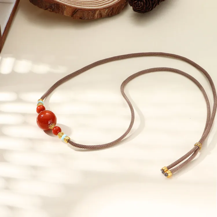 Tender Jinger新款S925银镶天然南红笑脸项链约15mm（多样性发1件）