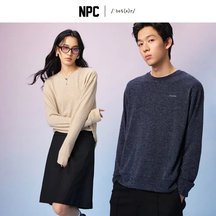 NPC潮牌男女同款仿兔绒刺绣长袖圆领T恤打底衫懒宽松软糯NP57TL12