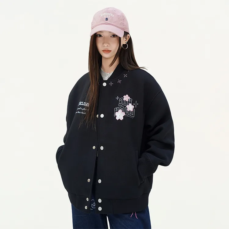 RickyIsClownRIC 樱花贴布绣花棒球服夹克男宽松设计感情侣装外套