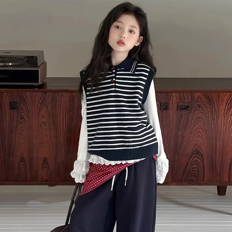 韩版春秋女童套装2025新款女孩超好看针织马甲三件套儿童网红穿搭