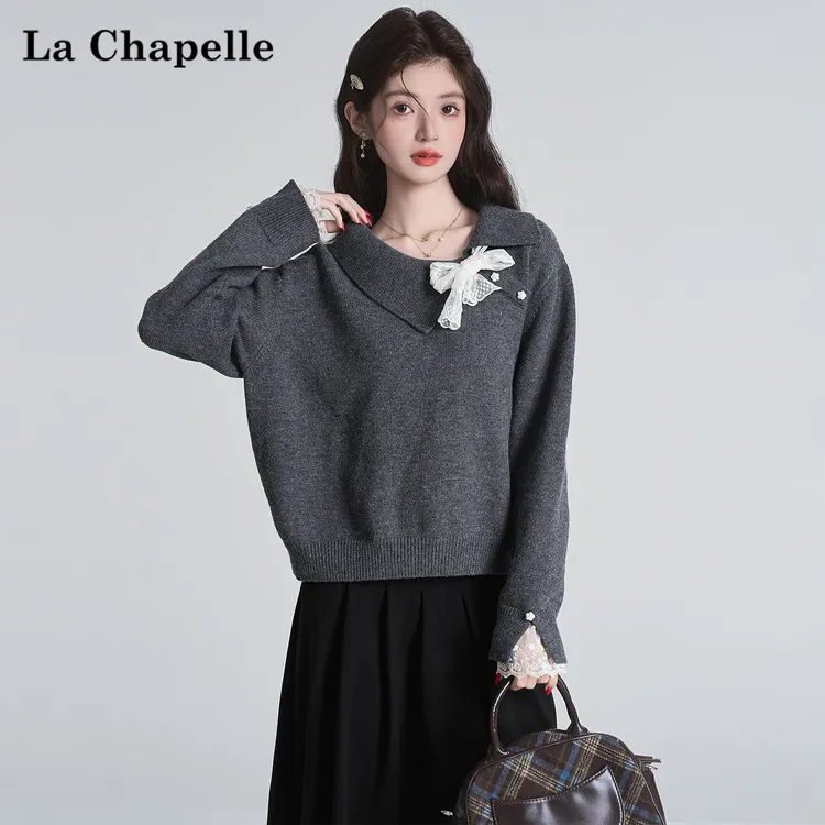 拉夏贝尔加厚长袖毛衣女秋冬季新款时尚通勤针织衫设计感百搭上衣