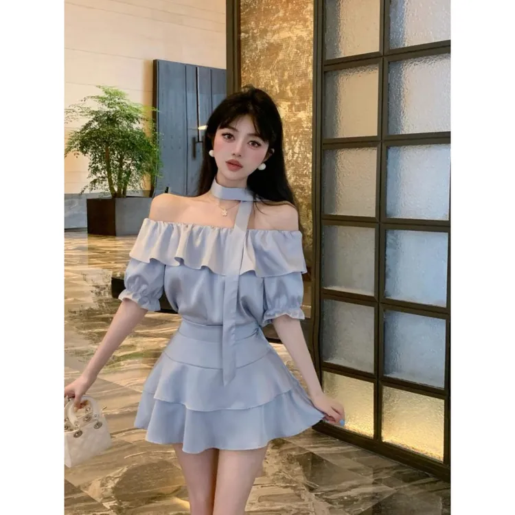 甜美名媛气质荷叶边露肩一字领上衣高腰短裙子纯欲两件套装女