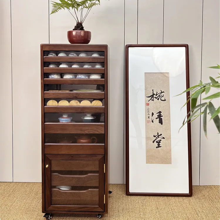 【新品十层牙科柜】北美黑胡桃实木茶具收纳柜客厅收纳餐边柜首饰柜
