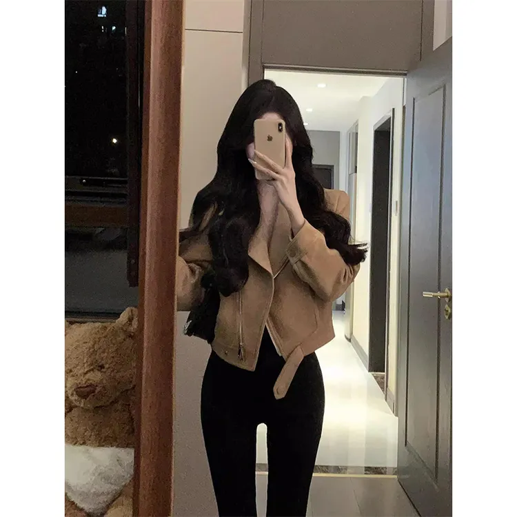 美式复古短款麂皮绒外套女新款秋季辣妹设计感修身百搭夹克上衣潮