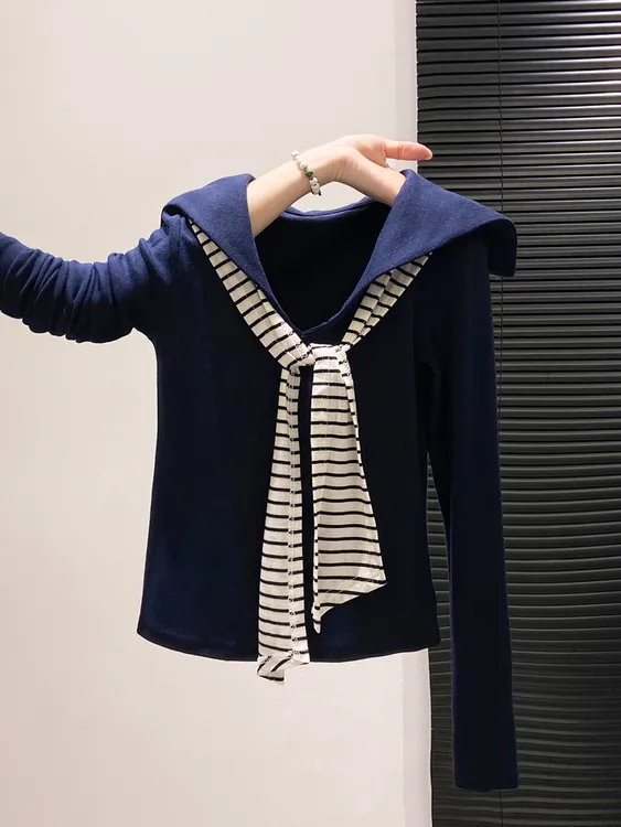 学院风海军领T恤女秋季新款大码胖mm韩系甜美减龄披肩内搭上衣冬