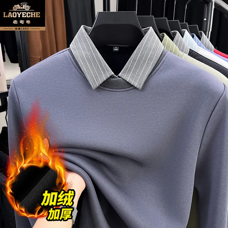 老爷车秋冬季男士长袖翻领宽松POLO衫休闲加绒加厚假两件T恤上衣