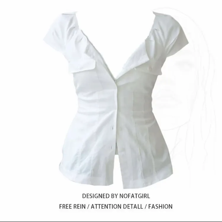 大码胖妹妹纯欲辣妹腰带修身褶皱拼接衬衫女夏季弹力纽扣短袖上衣