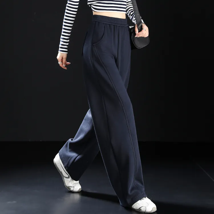 藏青色加绒裤子2025新款秋冬季休闲裤女外穿加厚弯刀裤卫裤运动裤