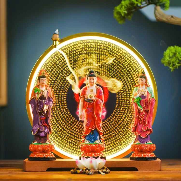 西方三圣佛像家用佛龛实木彩绘阿弥陀佛大势至观音菩萨工艺品摆件