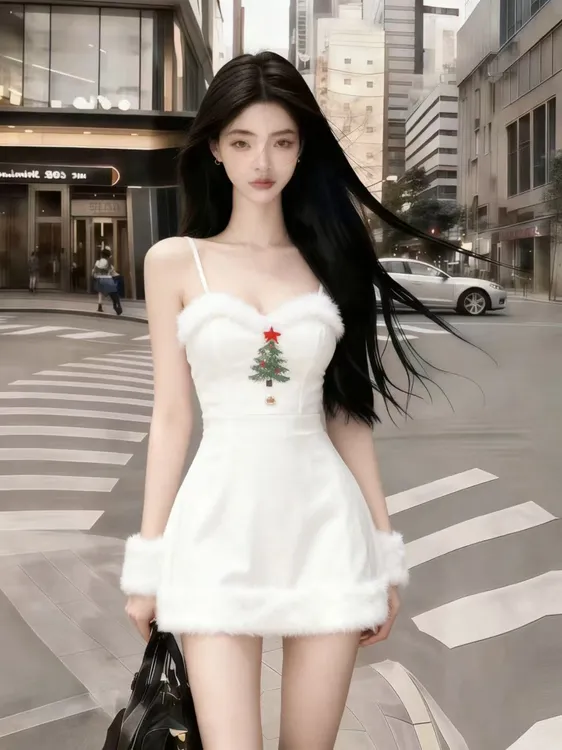 秋冬季纯欲气质圣诞氛围感穿搭白色桃心领吊带修身收腰包臀连衣裙